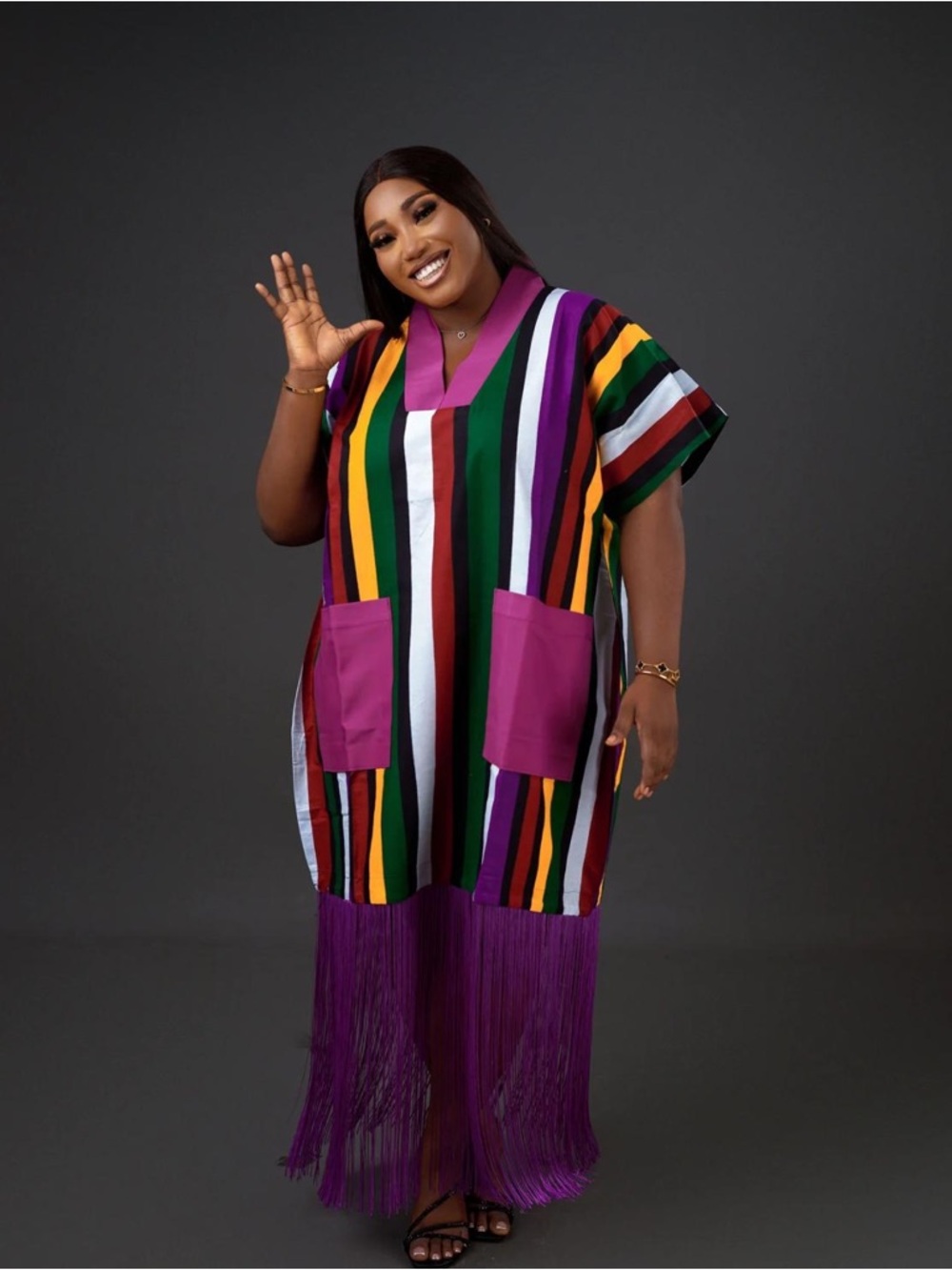 Vibrant Striped Fringe Kaftan — Purple, Green, Yellow, Black
